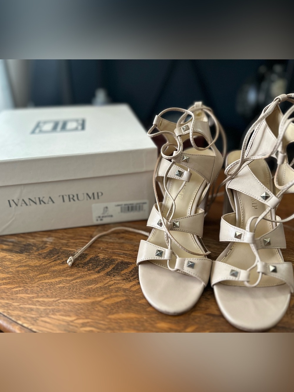 Ivanka Trump Beige Lace-Up Studded High Heel Sandals